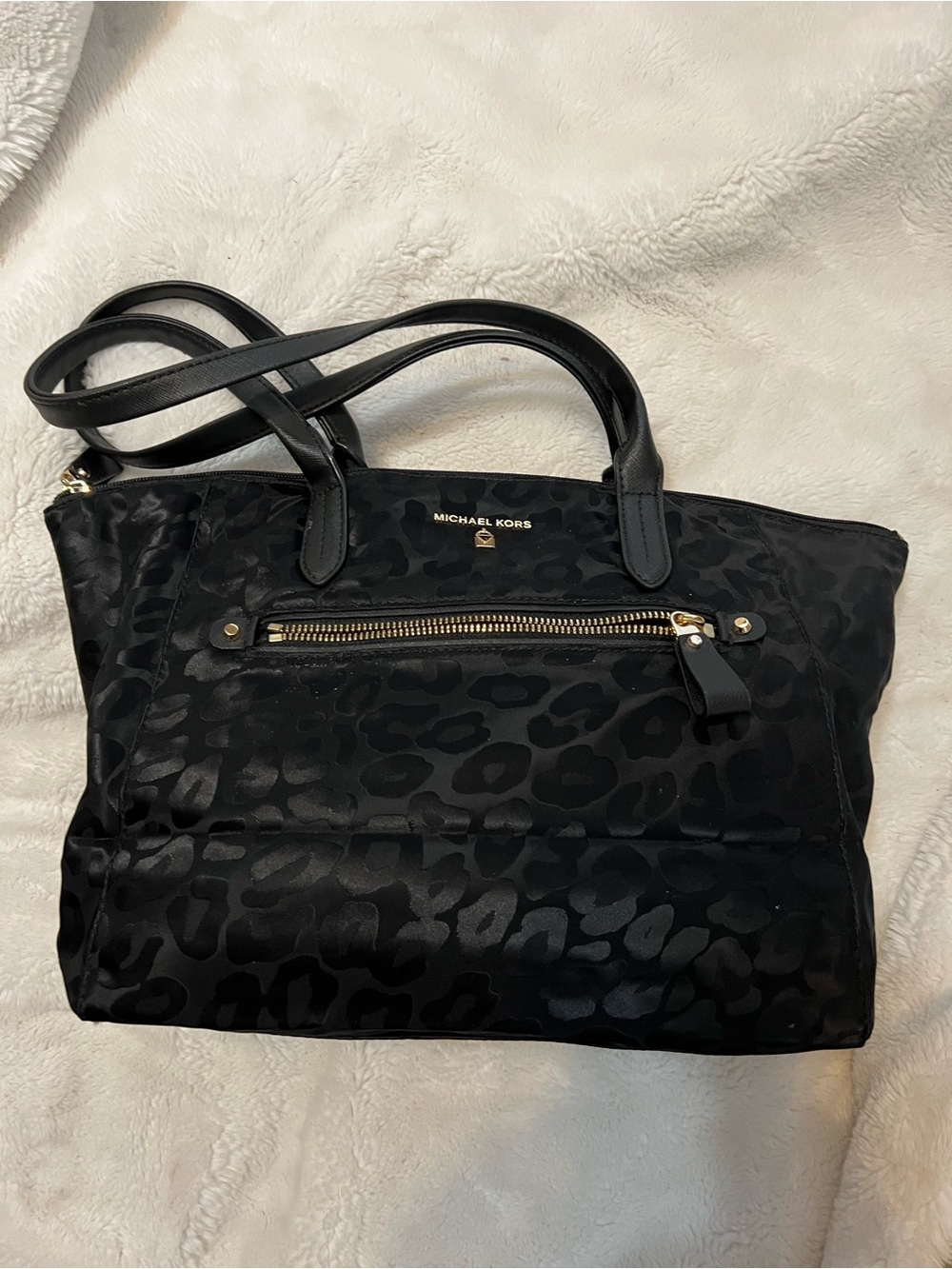 Michael Kors Black Leopard Jacquard Tote with Gold Hardware